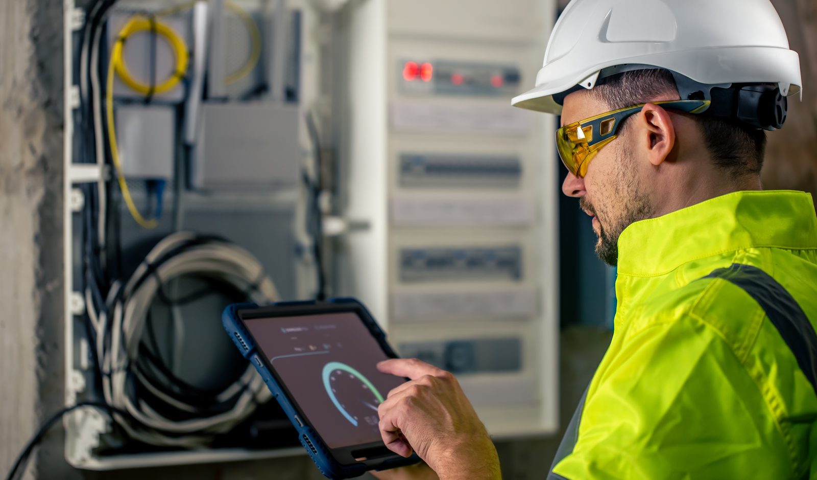 Technicien &eacute;lectricien sur tableau &agrave; fusibles avec tablette